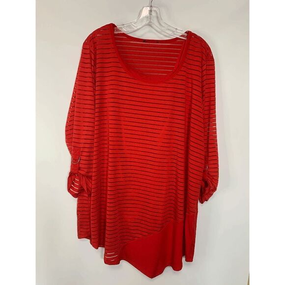 Women's Sheer Stripes Overlay Roll Tab Sleeves Scoop Neck Tunic Red Size 3X - Picture 1 of 10
